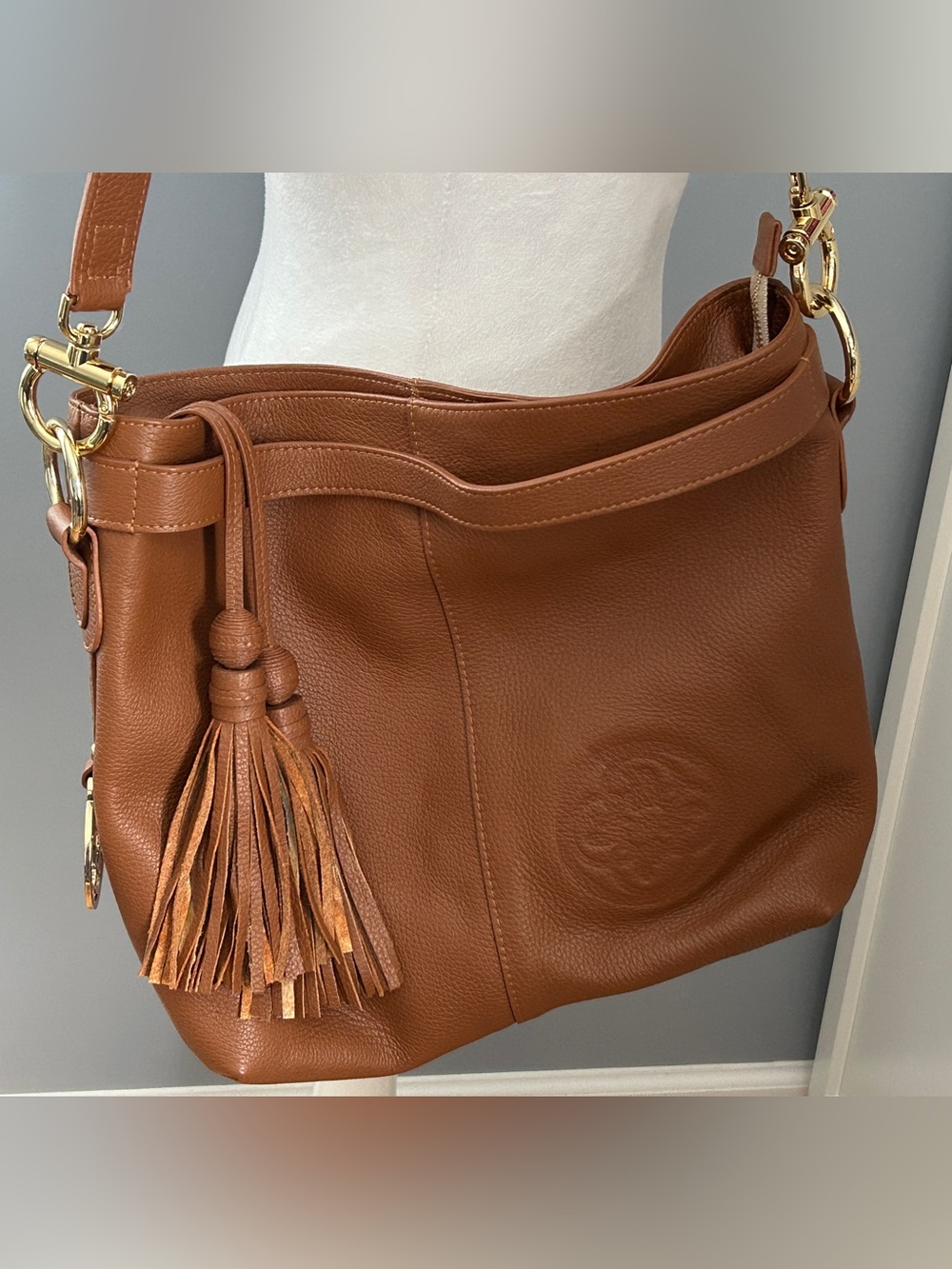 Nora Lozza Tan Leather Hobo Bag Tassel Gold Tone Handcrafted Shoulder Tote